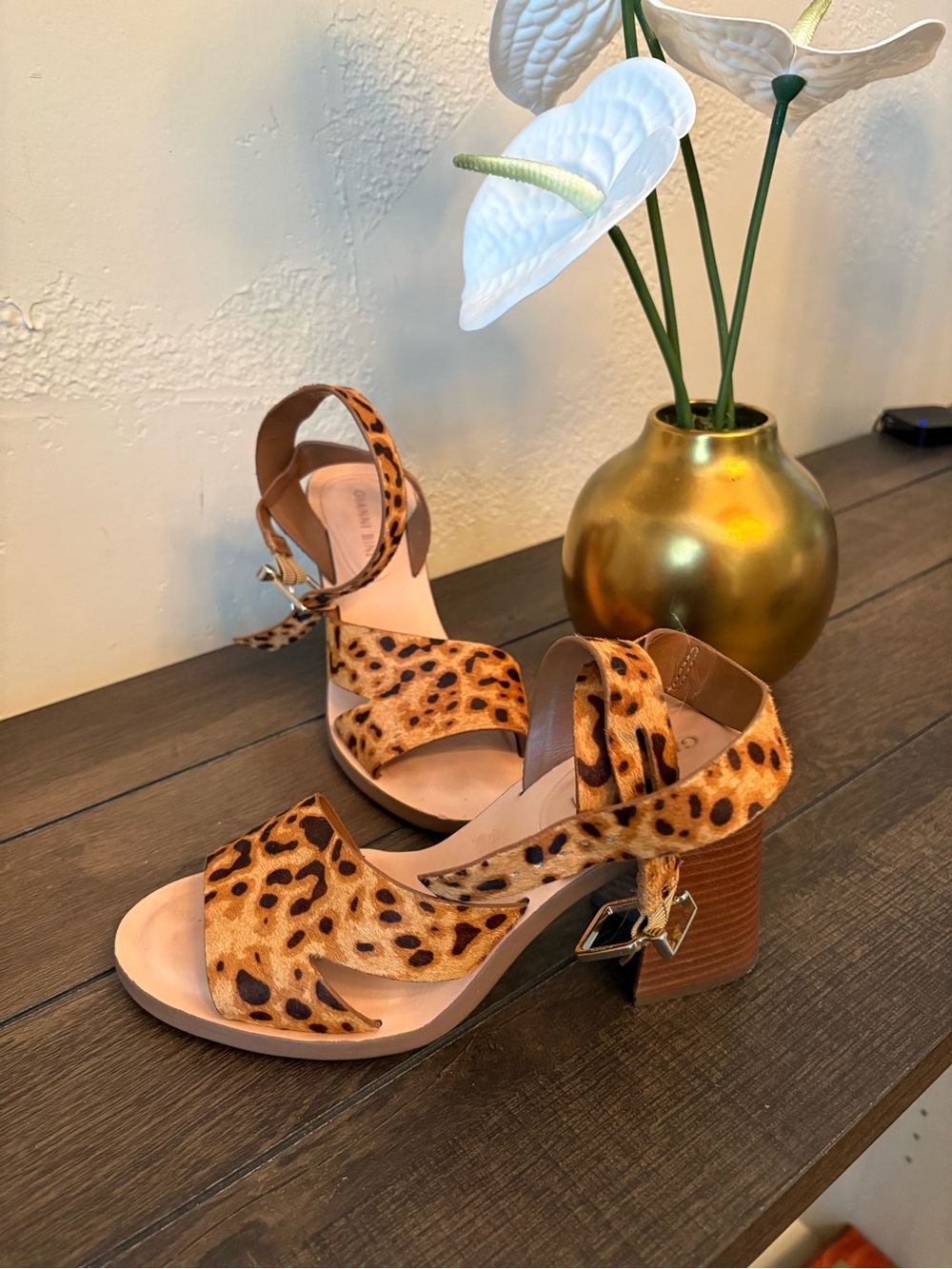 Giani Bernini Leopard Print Block Heel Sandals - Tan and Brown